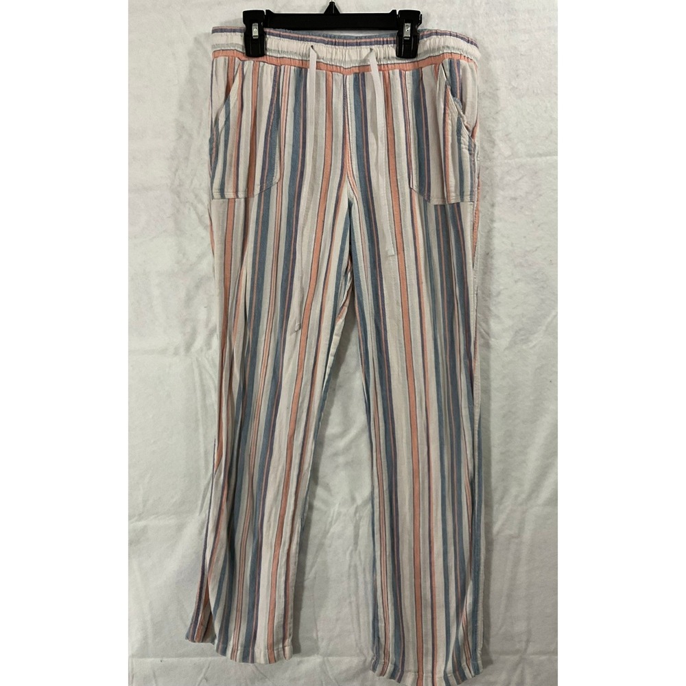 Striped Linen Blend Pants Womens Medium Blue Peach Coastal Casual Trouser